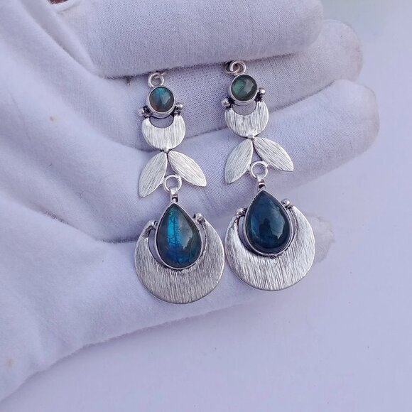 ARTISIAN Labradorite Larimar Natural Stones Silver French Hook Earrings - Picture 5 of 6